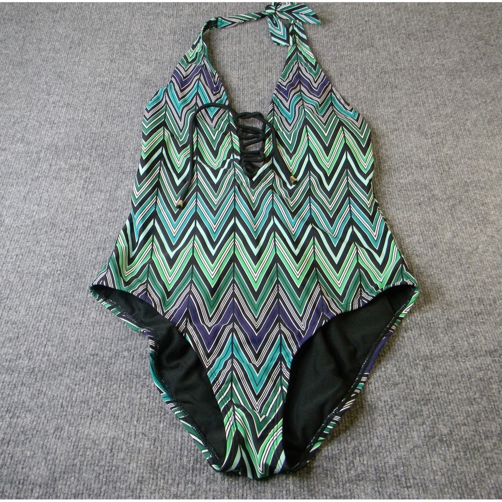 Old Navy One Piece Swimsuit L Green Chevron Lace Up Halter Padded Swimwear